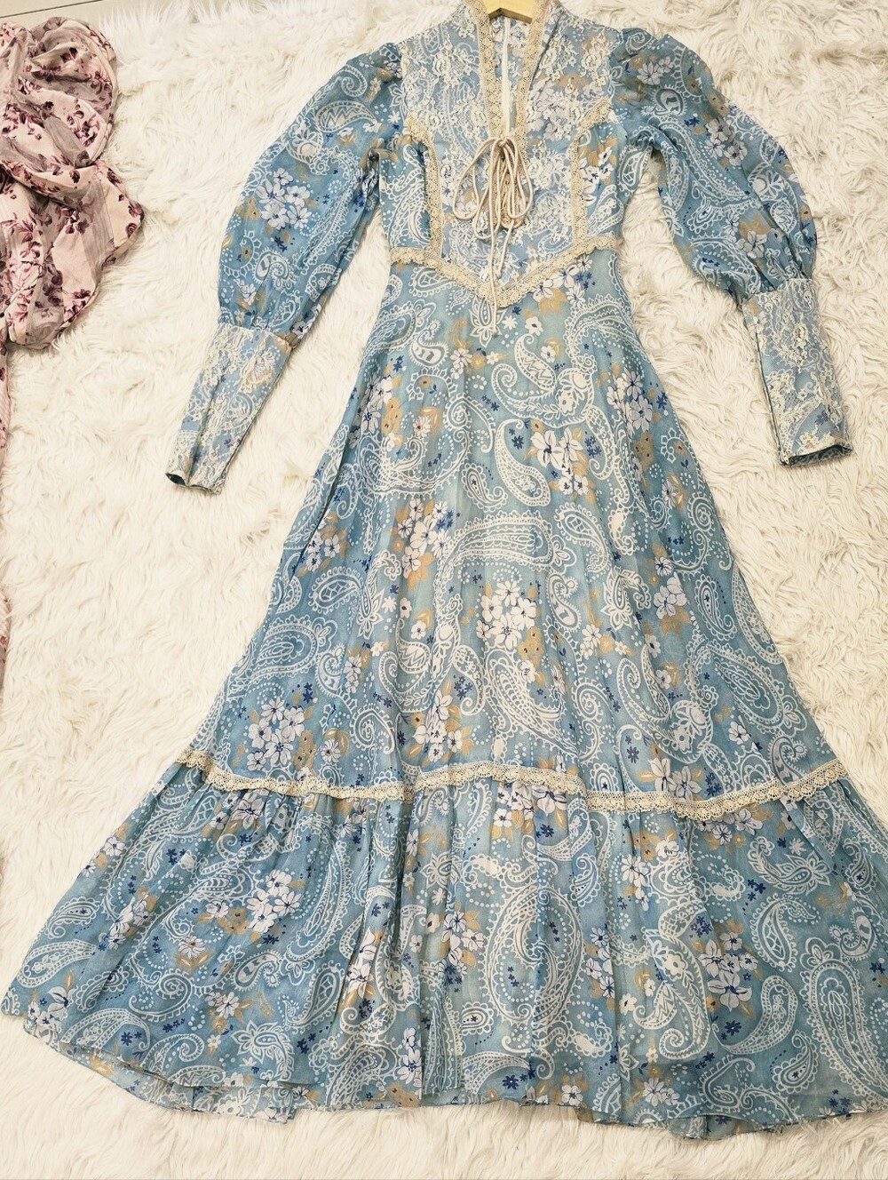 Gunne Sax Vintage Rare 1970 Light Blue Paisley Prairie Lace-Up Corset Maxi Dress - Picture 8 of 14